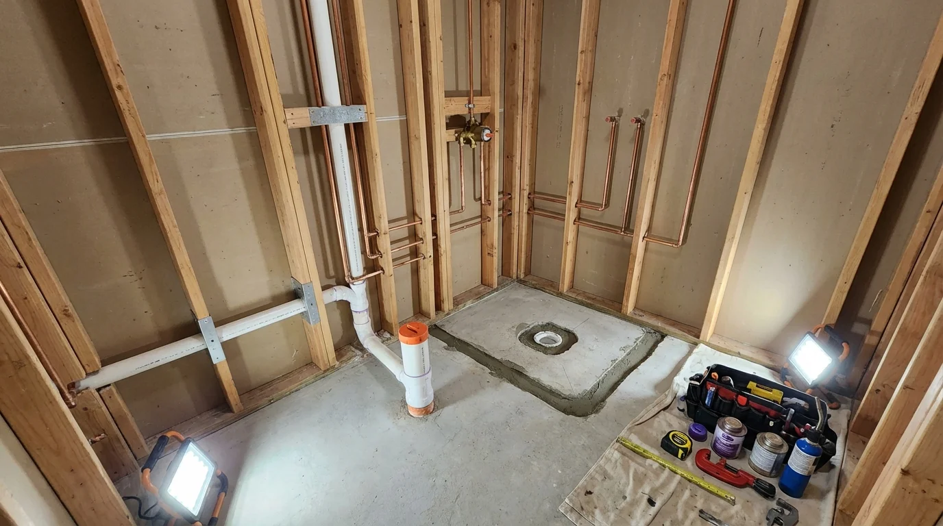 Bathroom rough-in plumbing during remodel by Johns Plumbing LLC in Hannawa Falls