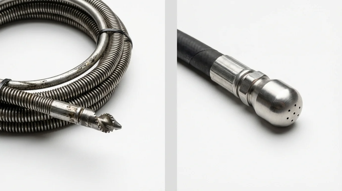 Drain snake cable and hydro jetting nozzle used for drain cleaning in Hannawa Falls, NY