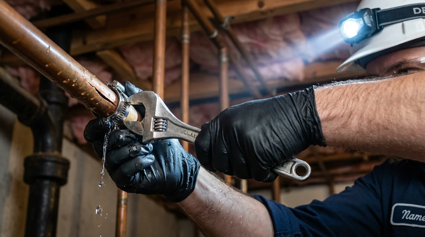 Emergency pipe clamp repair being performed by a Johns Plumbing LLC plumber in Hannawa Falls