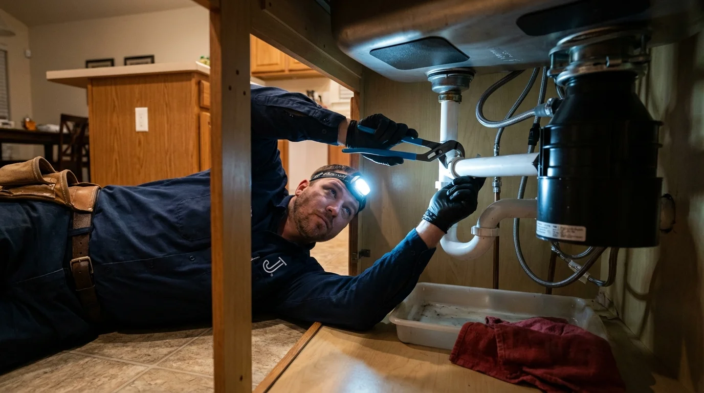 P-trap and supply line connections under a kitchen sink showing a common leak point in Hannawa Falls, NY